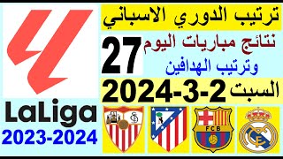 ترتيب الدوري الاسباني وترتيب الهدافين الجولة 27 اليوم السبت 2-3-2024 - نتائج مباريات اليوم