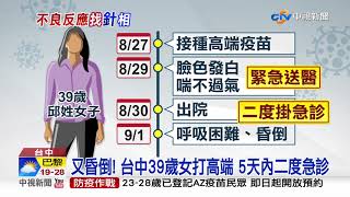 又昏倒! 台中39歲女打高端 5天內二度急診│中視新聞 20210903