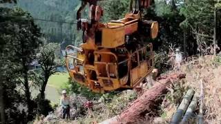 樹齢180年のヒノキを伐採した後に運び出す方法の一つ This is one of ways to bring out huge trees of 180 year old Hinoki.