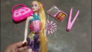 DIY Unboxing of Barbie's Mini Makeup Kit |Pink Hair Straightener, Bag & Dollhouse|ASMR Toys