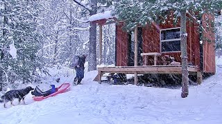 snow storm at the off grid cabin
