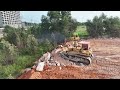 Part-7 Massive Land Reclamation Technique Skills Operator Bulldozer Moving Big Stone Truck Dumping