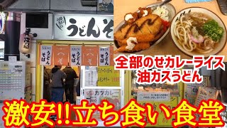 京都の駅構内にある人気激安立ち食い食堂「全部のせカレーライス＆油カスうどん」爆食！【うどん そば コロッケ へそ】Kyoto gourmet