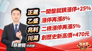 2024.11.22 蔡慶龍分析師【正崴一開盤就鎖漲停+25%  乙盛漲停再漲8%  兆利二根漲停再漲5%  川湖創歷史新高價+470 元】#價值型投資 #蔡慶龍分析師