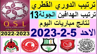 ترتيب الدوري القطري وترتيب الهدافين ونتائج مباريات اليوم الاحد 5-2-2023 الجولة 13 - دوري نجوم قطر