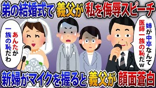 【2ch修羅場】 内科医の弟の結婚式スピーチで中卒の私を見下す外科医の新婦父が 「中卒の姉なんて一族の恥だ」 直後、ブチギレた新婦がマイクを手に取ると…【ゆっくり解説】