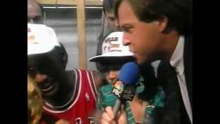 NBA Finals Chicago Bulls Champions for the First time Michael Jordan MVP Celebrates with Champagne