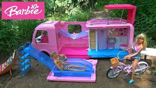 Barbie Surprise Camping Trip with Barbie Dream Camper, Chelsea Pool, Barbie Bicycle, Barbie Fashion