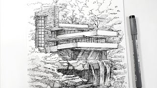 Fallingwater house (Vertical Video) - pen drawing sounds ASMR - architecture sketch step by step