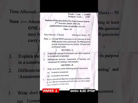 Assessment For Learning PYQP GNDU #gndu #b.ed 2nd Semester Previous ...