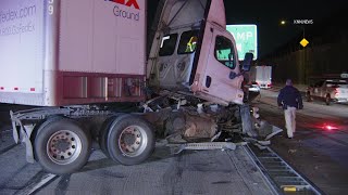 FedEx Truck Crash Blocks Freeway Lanes in Pomona