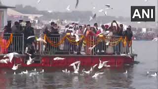 Prayagraj, UP: President Droupadi Murmu feeds migratory birds at Triveni Sangam