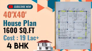 40x40 House Plan|1600 Square feet| 4BHK house plan|40by40 House Plan in 19Lac|40*40 Ghar ka Naksha