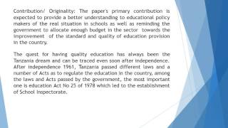 School Inspection in Tanzania as a Motor for Education Quality Challenges and Possible Way Forward R