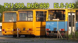 Három selejtezett Ikarus 280.03-as: ELS-245, DUC-689 és FVJ-500