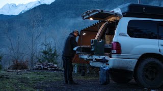 Cozy Winter Camping Setup with ARB Awning \u0026 Skycamp DLX [ASMR, LX470, Wood Stove] | S2-Ep3