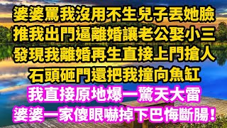 婆婆罵我沒用不生丟她臉，逼我讓離婚老公娶小三，發現我再生直接上門搶人，石頭砸門還把我撞向魚缸，我直接原地爆一驚天大雷，婆婆一家嚇掉下巴悔斷腸！