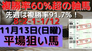 【競馬予想】１１月１３日の平場勝負レース該当馬（３レース）！複勝率６０％超の軸馬（６レース）の配信！