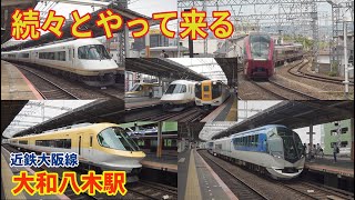 近鉄大阪線・平日の大和八木駅9時30分～11時30分迄の続々と来る特急と普通列車の発着・通過の様子（ひのとり・しまかぜ停車）