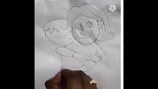 How to turn word MOM into cartoon Mother's Day drawing Mom hugging her baby