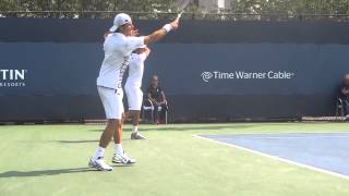 Tommy Haas and Radek Stepanek warming up (Men's doubles first round- US Open))