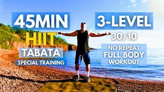 TABATA HIIT 45MIN / 3-LEVEL / Full Body \u0026 Cardio Workout / Tabata 30/10