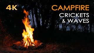 4K Campfire by the Sea - Crickets & Ocean Waves - Night Forest Nature Sounds - Relaxing Fireplace