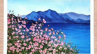 Watercolor tutorial - Flowers by the lake | 水彩画教程 湖畔的花