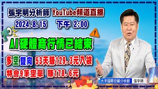 2024.8.15 張宇明台股解盤AI硬體商行情已結束！多空雙向53天賺129.3元入袋，特會9筆空單賺178.6元【#張宇明分析師】