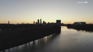 Drone footage of downtown Indianapolis skyline