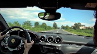 On-board V12 Ferrari FF full throttle, loud downshifts and revs!