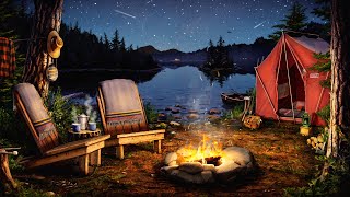 Campfire by the Lake Ambience with Crickets, Owls, Water, & Night Sounds for Rel