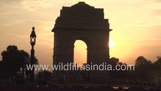 India Gate in monsoon sunset hues: 4K footage from central Delhi