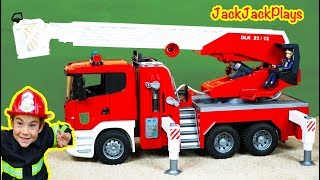 UNBOXING Big Bruder Ladder Truck in Firefighter Costume | Fire Trucks for Kids! | JackJackPlays