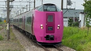 夏の江部乙駅を通過する8列車( 789系特急カムイ6号〜ハマナス編成特急宗谷まで)［@JR北海道函館本線］ #789系 #キハ261系 #キハ283系 #737系 #JR北海道 #函館本線 #通過