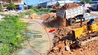 Delete​ Pour Soil​ Sewage pipe, Land filling, By Bulldozer KOMATSU D31P, Dump Truck unloading