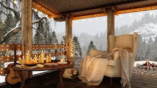 Winter Cozy Porch Ambience with First Snow Falling and Relaxing Campfire Sounds