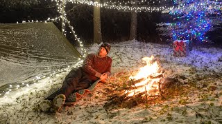 Solo Winter Camping in the Snow with Thousands of Christmas Lights