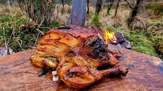 Whole CHICKEN cooked outdoors 🔥🍗(ASMR cooking, Relaxing Sounds, Camping, 4K)