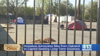 Homeless people, advocates ride bikes from Oakland to capitol to demonstrate need for long-term hous