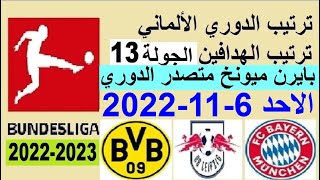 ترتيب الدوري الالماني وترتيب الهدافين اليوم الاحد 6-11-2022 الجولة 13 - بايرن ميونخ متصدر الدوري