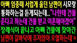 반전사연아빠 임종때 서럽게 울던 남편이 시모랑 통화하는걸 듣게되는데  장례식이 끝나고 아빠 건물에 찾아간 남편이 길바닥에 주저앉아 오열하는데ㅋ신청사연사이다썰사연라디오