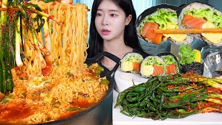 ASMR MUKBANG | Spicy Ramyun Noodles 🔥 Spicy Green Onion Kimchi & Marinated Salmon Gimbap