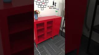 GREATMEET Metal Storage Cabinet with Tempered Glass Door, Red Display Cabinet Locker with 3 Shelves.