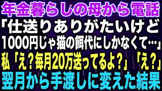 【スカッとする話】年金暮らしの母から電話「仕送りありがたいけど1000円じゃ猫の餌代にしかなくて…」私「え？毎月20万送ってるよ？」「え？」翌月から手渡しに変えた結果