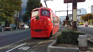 【岡山電気軌道・チャギントン】9200形（1081）おかでんチャギントン岡山駅前行到着（岡山電気軌道・岡山駅前電停1番のりば）