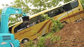 Bus Crash Recovery By Excavator Kobelco SK75 And CAT 320D2 Extended Bus Crash Recovery By Excavator Kobelco SK75 And CAT 320D2 Extended