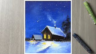 Winter night scenery with oil pastel