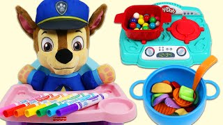 Feeding Paw Patrol Baby Chase Healthy Lunch Time & Learning with Peppa Pig Coloring Book!
