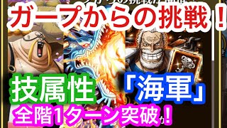 【トレクル】「海軍」ガープからの挑戦！技属性！全階1ターン突破！【OPTC】Garp’s Challenge Navy!